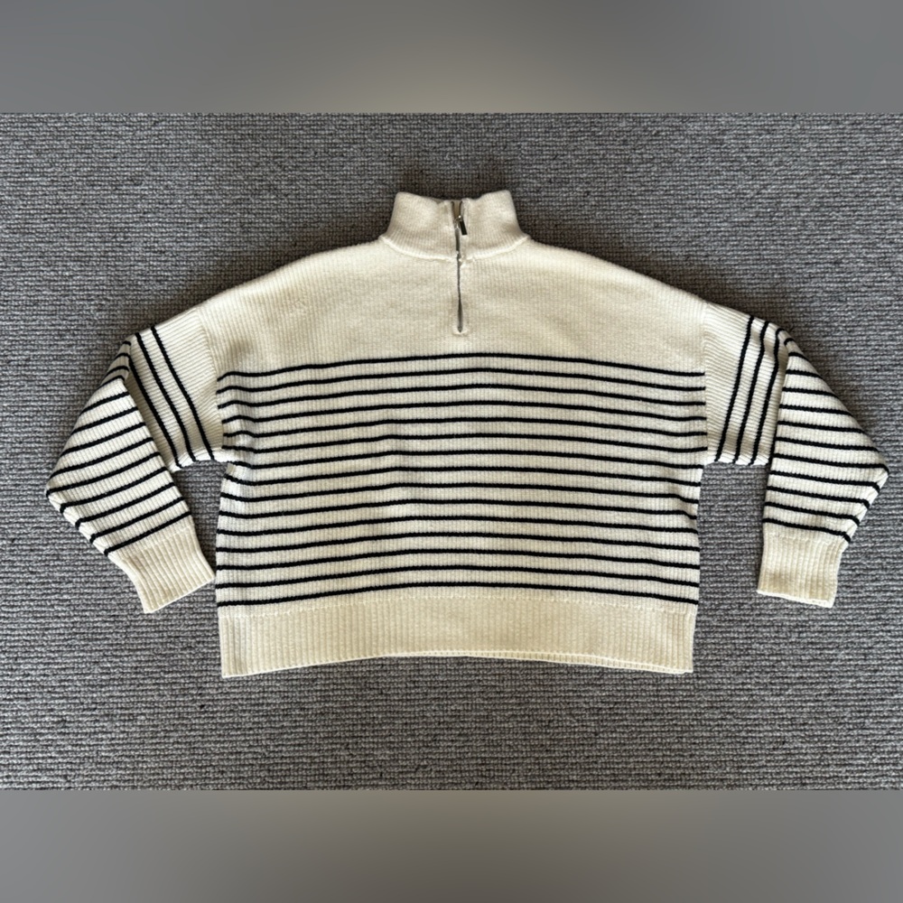 Mango MNG Women's Quarter Zip Striped Sweater Blue Cream XS Turtleneck